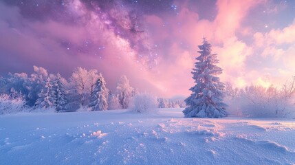 Tranquil snow landscape starry magenta sky above
