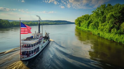 Fototapeta premium The American flag flying proudly on a historic paddle steamer, with the river and lush green banks creating a serene scene