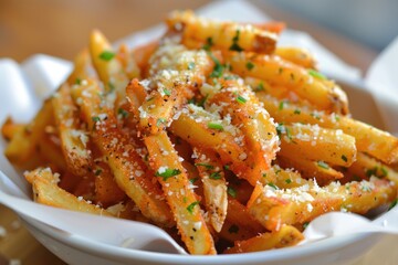 A close-up of delicious seasoned french fries sprinkled with parmesan cheese and herbs