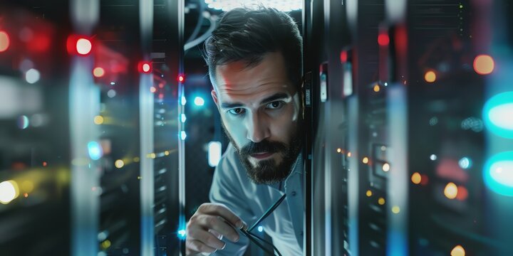 wallpaper of IT experts checking data center security, servers, digital security guards, from data theft by hackers, tidying up server cable topology 2:1, HD