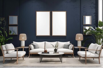 A modern living room with dark blue walls, white sofa and armchairs