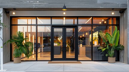 Professional company storefront with prominent branding elements, sleek office entrance featuring modern design and corporate logo