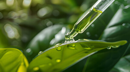 Pipette with essential liquid serum or oil On a green leaves background with water drops Selective focus organic or vegan cosmetic concept Closeup : Generative AI