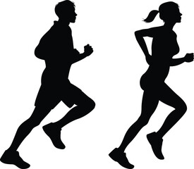 silhouettes running man and women isolated on transparent background, vector design	