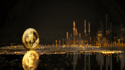 
metal golden bit coin model and stock market graph for crypto currency finance business and city light on banner black background