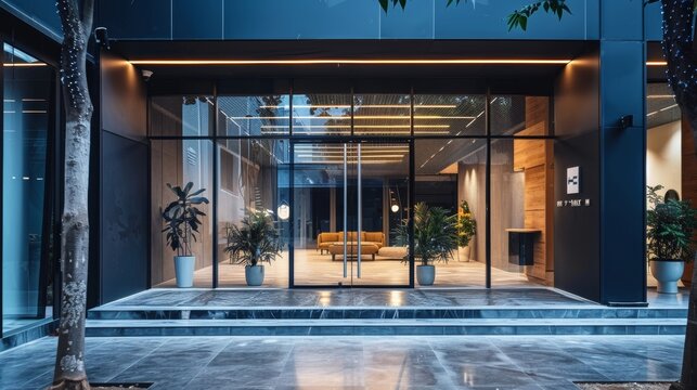 Prominent office entrance of a professional company, showcasing branding elements with a sophisticated storefront design