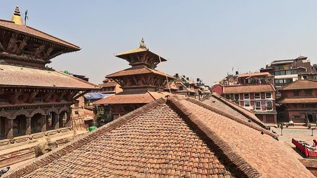 View over the temple roof tiles of Patan Darbar Square. Lalitpur in Kathmandu Valley, Nepal. Krishna Mandir, Bhimsen, Char Narayan,  Pyamha Narandya