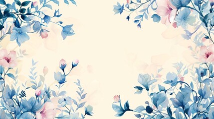 A hand-drawn watercolor banner with a charming border of blue and pink flowers. The floral decoration is intricately detailed, with each bloom and leaf painted in delicate pastel shades. The design