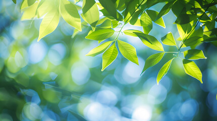 Summer background of blue and green blurred foilage and sky with bright bokeh Blurry abstract summer background Natural green leaves using as cover page greenery environment ecology ba : Generative AI
