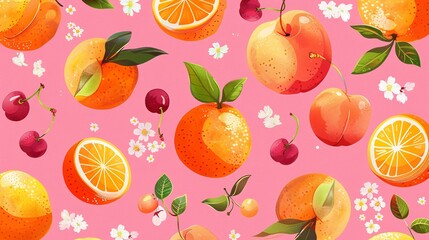 A detailed seamless pattern with a fun and adorable collection of oranges, peaches, and cherries, illustrated in a cute and stylized manner. Intermixed with the fruits are tiny flowers, creating a