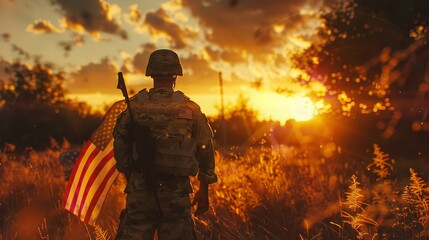Fototapeta premium Soldier and USA flag on sunrise background