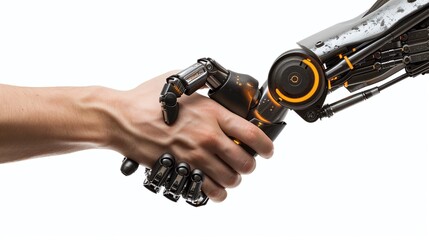 Naklejka premium Bridging Humanity and Technology: A Symbolic Handshake Heralds a New Era of Human-AI Collaboration in the Digital Age