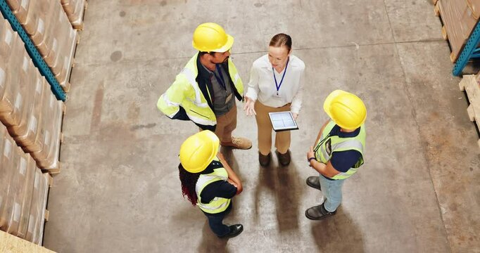Logistics, tablet and industrial people with teamwork for warehouse planning, ecommerce or supply chain training. Group or leader above with digital software for courier, shipping or stock management