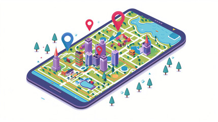 Map mobile app planning travel. Isometric map. City map route, location symbols and navigational system mark. Vector, illustration isolated on white background.