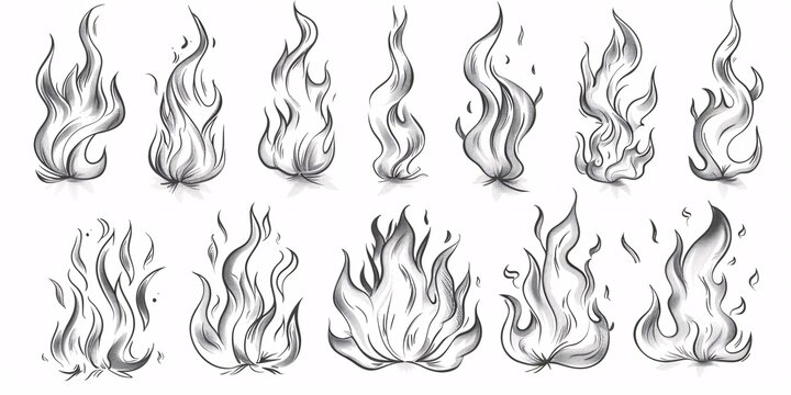 Doodle flame set with different fire outlines isolated on white background.