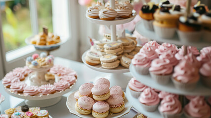 Birthday cake with candles and flowers on the table. Selective focus