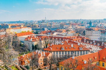 View of the city Prague and the Vltava river with Charles bridge  from prague castle, hradcany in Prague, Czech Republic.