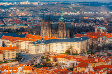 Obraz premium View on Prague city , charles bridge, vltava river and prague castle from Petrin Hill Tower in Czech Republic