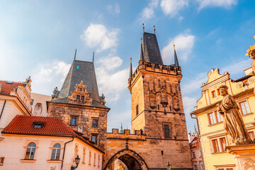Fototapeta premium View of the city of Prague and the Vltava river from St Nicholas Church at Mala Strana (Kostel sv. Mikulase) in Prague, Czech Republic.