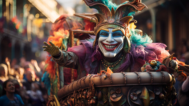 Vibrant Jester Waving from a Festive Parade Float