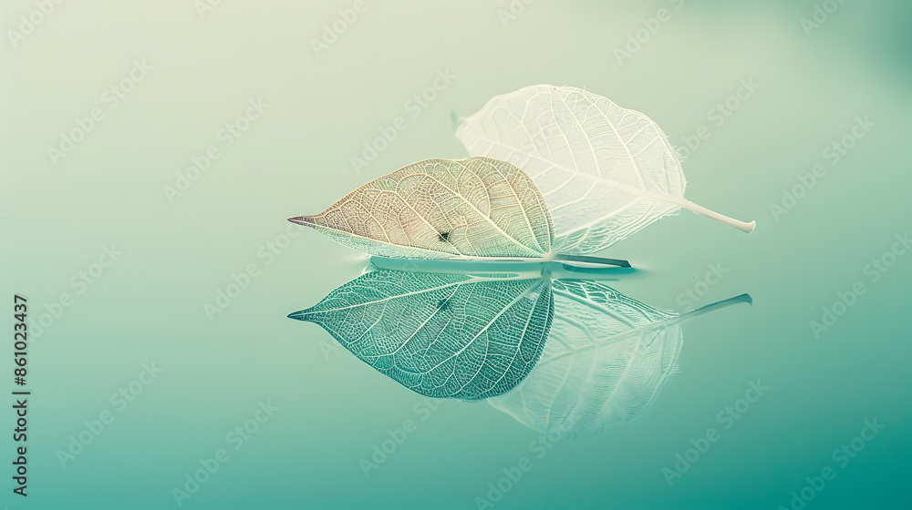 Poster white transparent leaf on mirror surface with reflection on turquoise background macro artistic imag