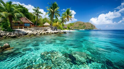 Obraz premium Tropical Island Paradise With Palm Trees and Clear Blue Water