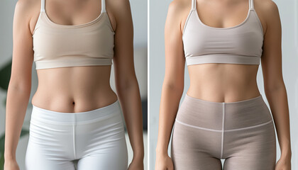 Comparison of a woman before and after weight loss, highlighting the transformation in her fitness journey wearing sportswear.
