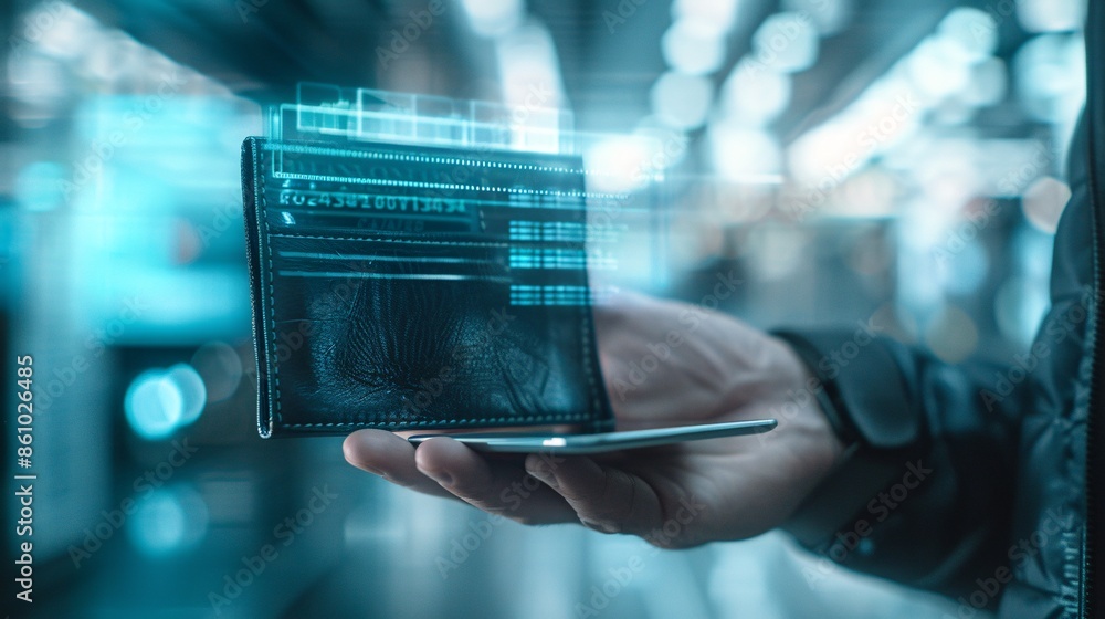 Poster in a futuristic setting, an empty wallet is displayed with a holographic digital bankruptcy notice h