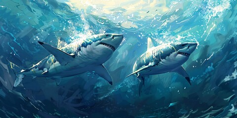 Fototapeta premium Two enormous white sharks swim beneath the sea. Visual representation.
