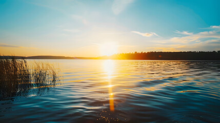 Obraz premium sunset at coast of the lake Nature landscape Nature in northern Europe reflection blue sky and yellow sunlight landscape during sunset : Generative AI