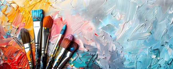 Fototapeta premium Vibrant Paints and Brushes on Blank Canvas Symbolizing Creative Potential