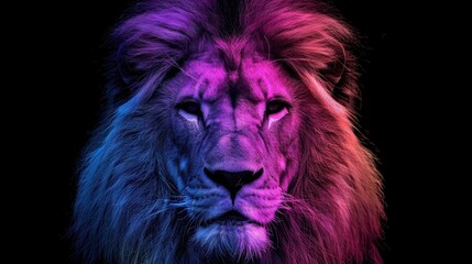 Fototapeta premium A colorful lion with a purple nose and blue eyes