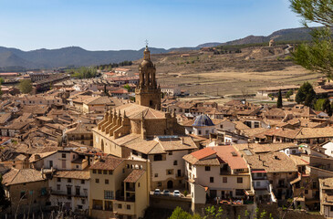 View of the ex collegiate church of Santa Maria la Mayor from the 17th century in Rubielos de Mora....