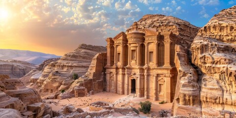 The ancient Al-Khazneh, a famous temple in Petra, Jordan
