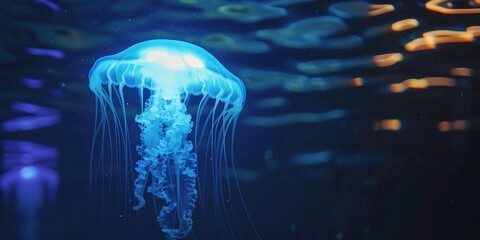 Glowing jellyfish in the dark ocean.