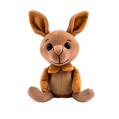 A brown and beige plush toy kangaroo sits with a friendly smile on an isolated background.