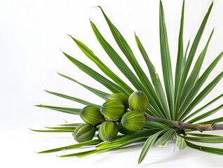 Closeup Of Saw Palmetto Leaves And Fruits,
Illustration of saw palmetto oil white background
