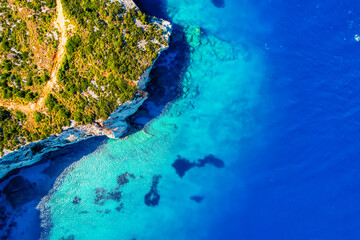 Blue caves on Zakynthos island or Zante Island, Greece. Beautiful views of azure sea water and nature with cliffs cave