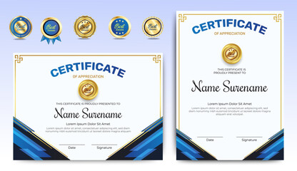 Obraz premium Certificates of appreciation template design with luxury badge. For award, business, and education needs. Diploma vector template