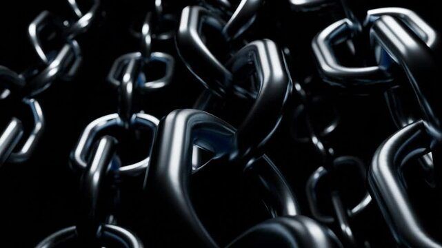 Abstract industrial background with metal large glossy chains hanging isolated on a black background. Design. Silver chains slowly rotating.
