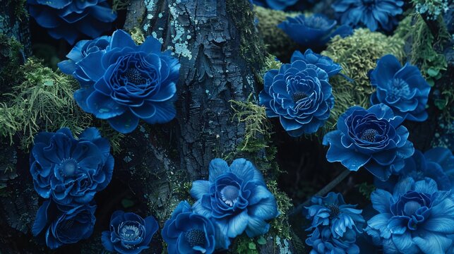 A close-up of intricate cobalt blooms, their velvety textures highlighted against a backdrop of lush, moss-covered tree trunks.