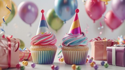 Colorful composition showcasing two birthday cupcakes with rainbow-colored frosting, adorned with festive party hats and surrounded by an array of helium balloons and wrapped presents, set against a