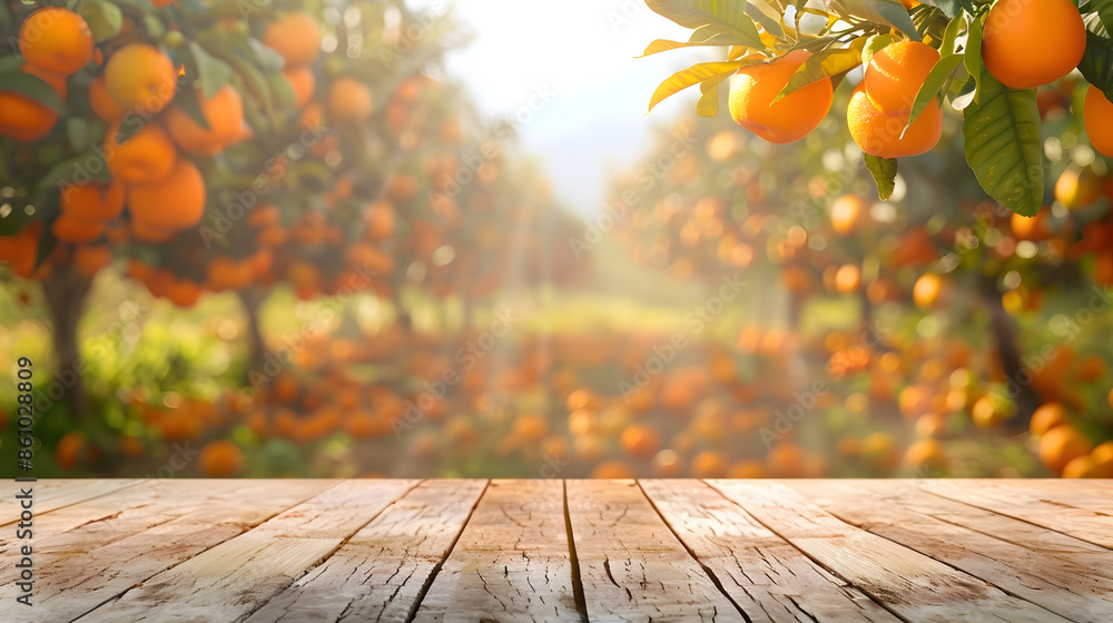 Poster Empty wood table with free space over orange trees orange field background For product display montage : Generative AI