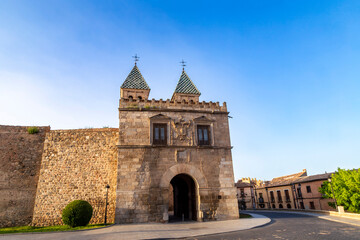 View of the Puerta Nueva de Bisagra from the 16th century. Toledo, Castile la Mancha, Spain.