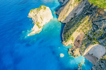 Plakaki beach on Zakynthos island or Zante Island, Greece. Beautiful views of azure sea water and nature with cliffs cave