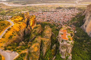 The monastery Meteora, aerila rocky monasteries complex in Greece near Kalabaka city. Monastery of...