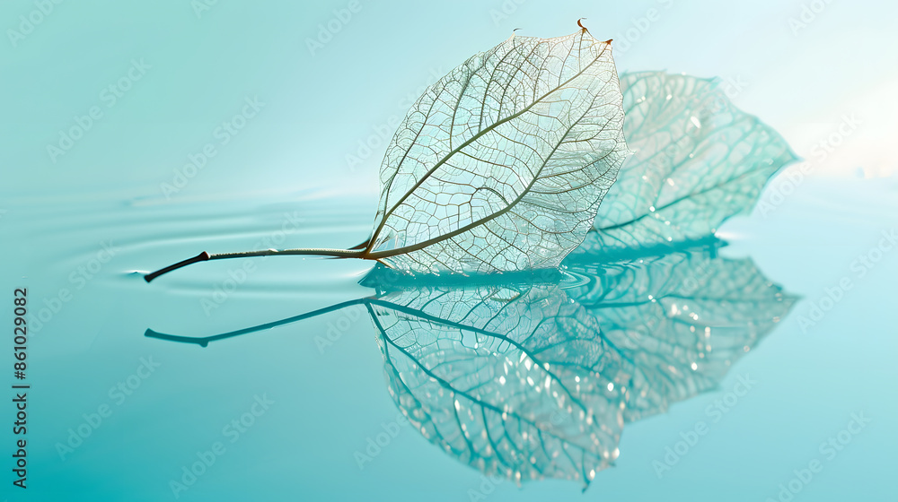 Aufkleber white transparent leaf on mirror surface with reflection on turquoise background macro artistic imag