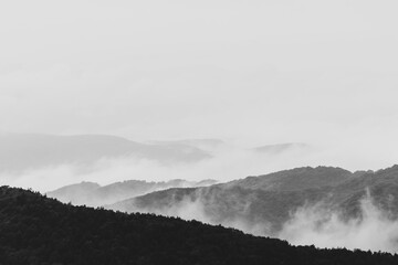 Misty fog rising from forest valleys and hills