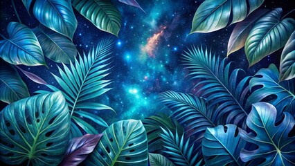 Vibrant blue-tinted tropical leaves and foliage plants float serenely against a stunning dark blue space-inspired galaxy background.