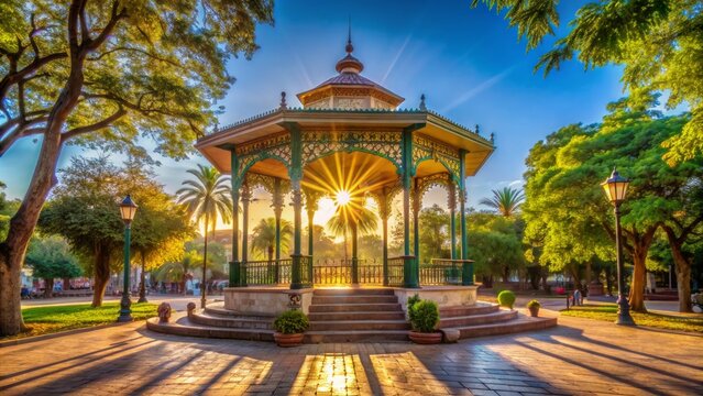Vibrant afternoon sunlight casts a serene glow on the historic Kiosco del Parque Central in Juchitan de Zaragoza, Oaxaca, Mexico
